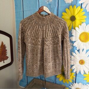 Textured Brown Cable Turtleneck Sweater for Women